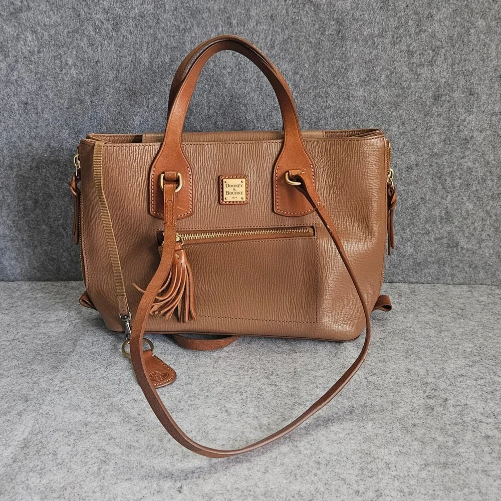 Dooney & Bourke Tan Leather Tassel Satchel Crossbody Bag Gold Hardware